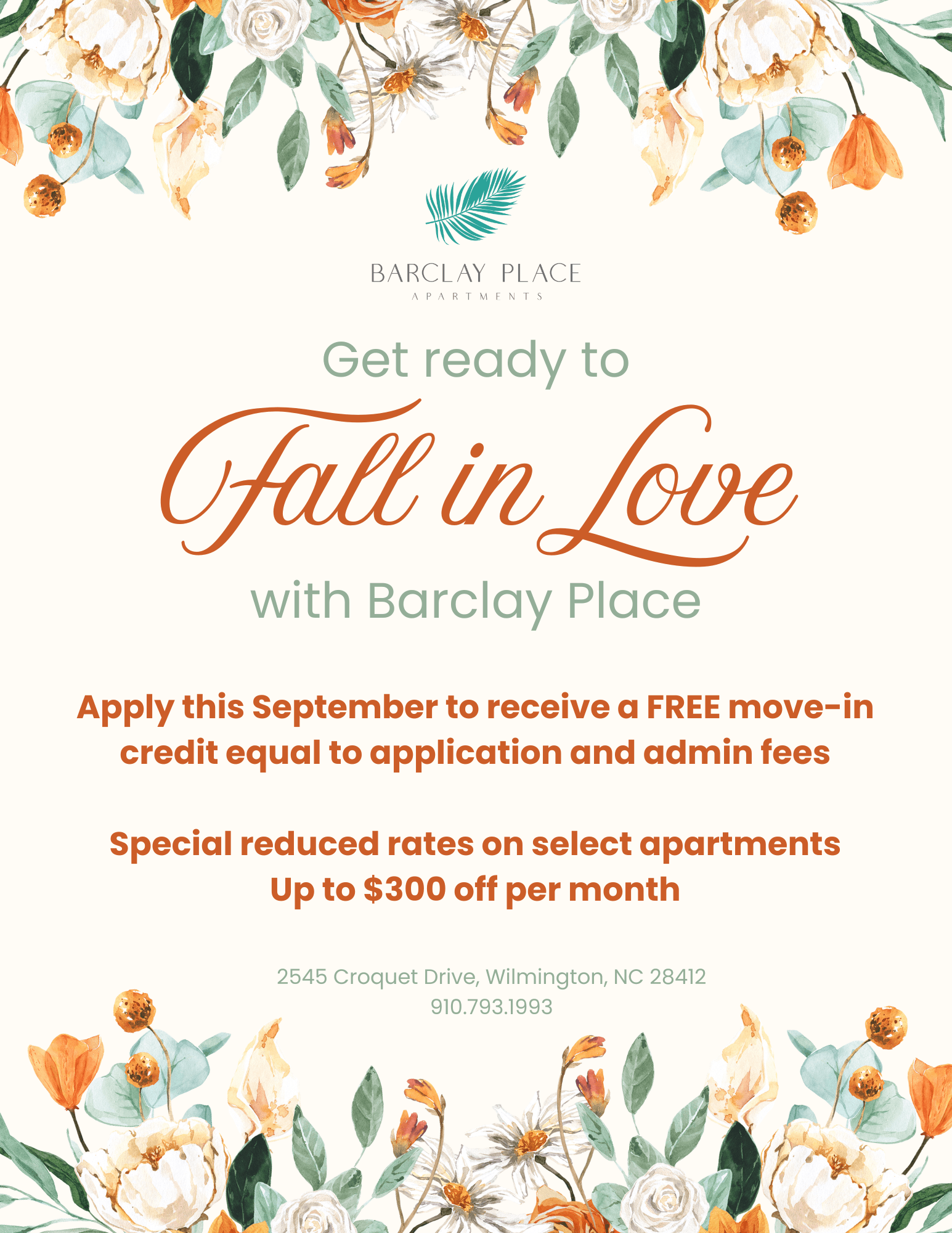Apply in September to recieve a FREE Move-in credit. Restrictions apply. Call our leading office for more details